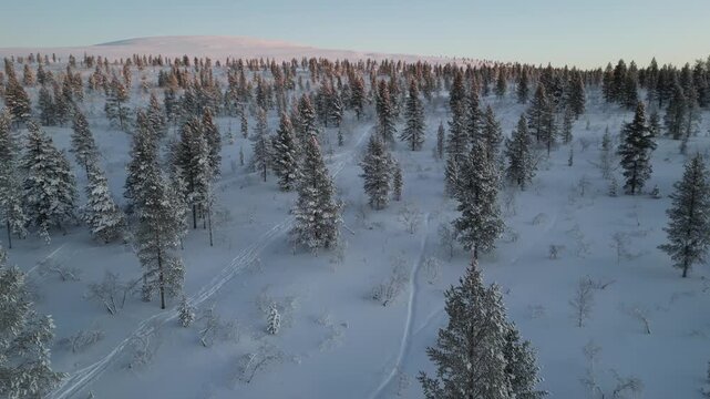 Aerial 4k drone flight of a beautiful winterlandscape at sunset closeby Fell Centre Kiilopaa, Finland