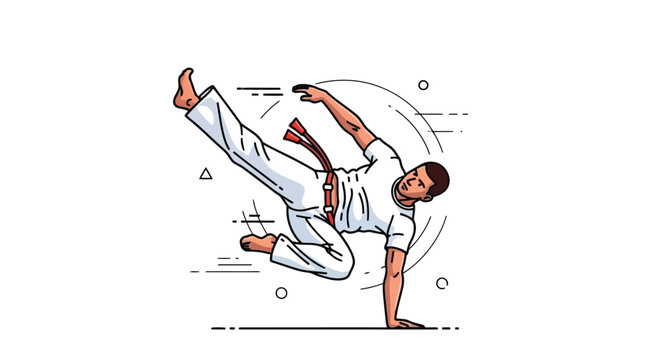 Capoeira fighter performing kick in stylized illustration isolated on white background