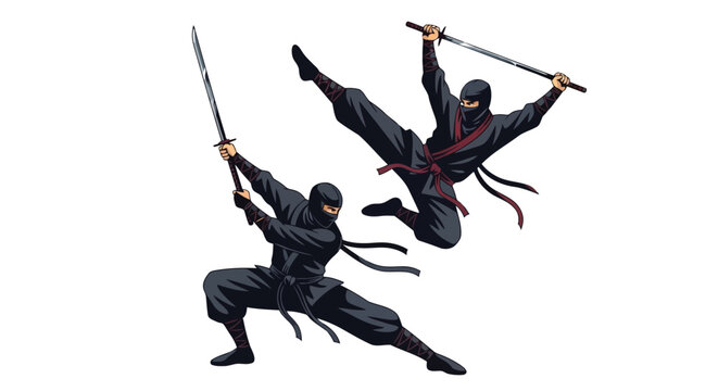 Two ninjas in dynamic poses with swords illustration isolated on white background