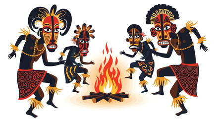 Fototapeta premium Tribal dancers performing around a bonfire at night isolated on white background