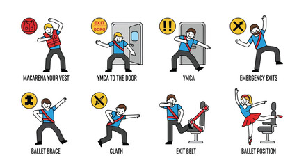 Fototapeta premium Instructional icons demonstrating safety procedures in a humorous style isolated on white background