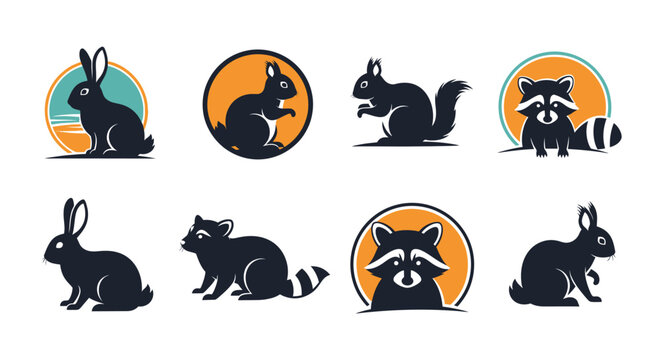 Collection of minimalist wild animal silhouette logos including rabbit squirrel and raccoon