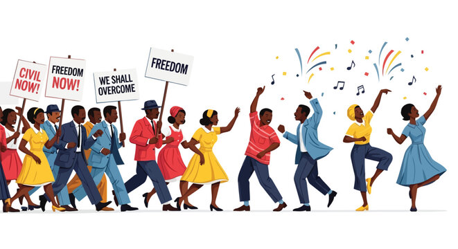 Civil rights marchers holding signs for freedom and equality isolated on white background