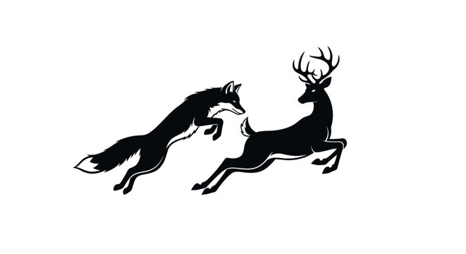 Silhouette of a fox chasing a deer in mid-air.