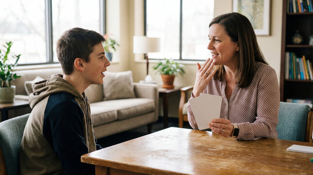 Speech therapist using flashcards with teenage boy at table for language development communication skills campaign special education support clinical practice guided adolescent progress