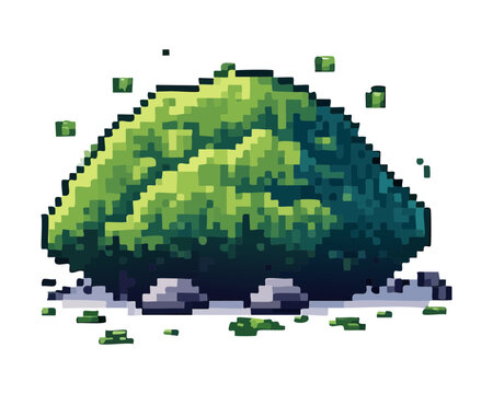 lush shrub with base stones graphic rendered in pixel art style perfect for wilderness adventure game maps and nature outdoor decorative designs