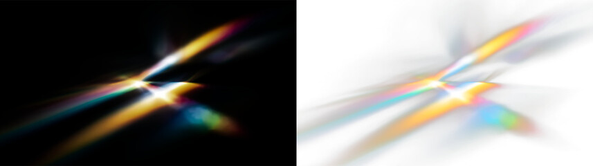 Obraz premium Blurred prismatic light rays create a vibrant rainbow effect isolated on transparent and black background, forming an artistic composition, light overlay, PNG