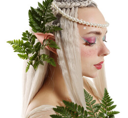 Naklejka premium Beautiful elf girl with floral decor on white background