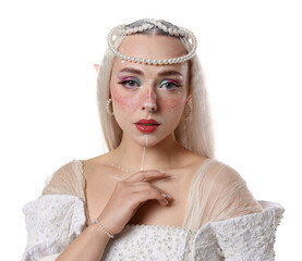 Naklejka premium Beautiful girl dressed as elf on white background