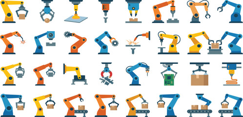Fototapeta premium Industrial robotic arm vector icon set featuring automated machines for welding 3D printing circuit board assembly and warehouse conveyor belt logistics in smart factory,