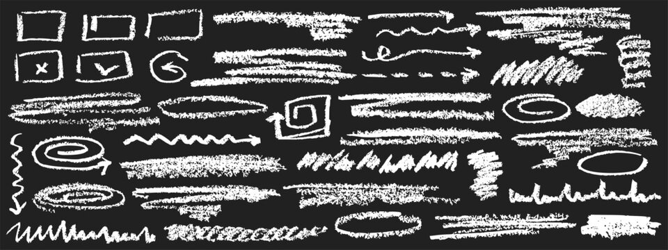 Hand drawn scribble highlight elements with colorful pencil strokes, crayon textures, and brush marks. Vector doodle borders, circles, arrows, and underlines for creative design projects