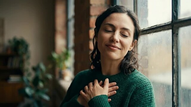 Woman embracing self-care, cultivating mental wellness, softly closing eyes, gently placing hands upon chest, finding emotional balance, achieving deep serenity, then opening gaze, looking outward.