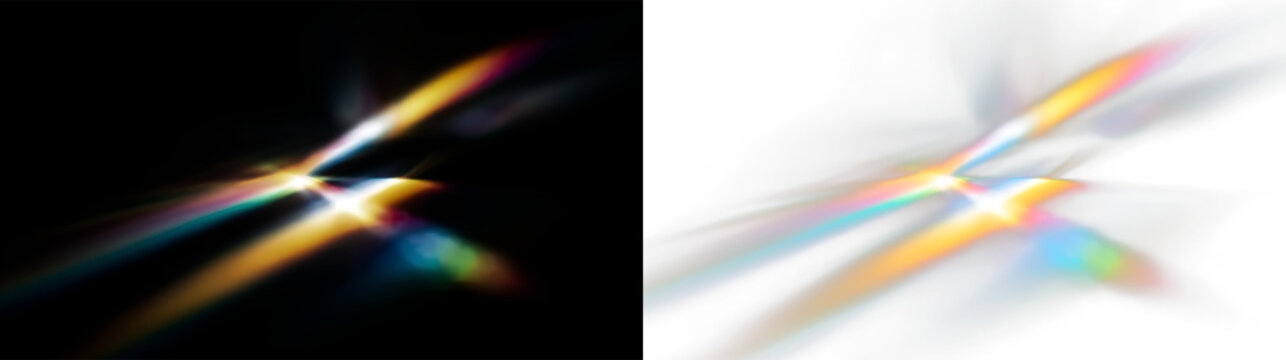 Blurred prismatic light rays create a vibrant rainbow effect isolated on transparent and black background, forming an artistic composition, light overlay, PNG