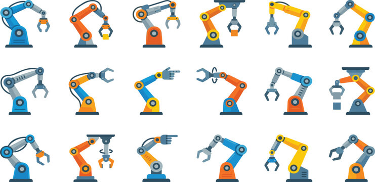 Industrial robotic arm vector icon set featuring automated mechanical limbs for smart factory manufacturing assembly line and high tech engineering production technology,