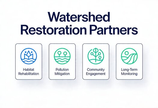Collaborative Watershed Restoration Initiatives with Iconic Illustrations Emphasizing Habitat Rehabilitation Pollution Mitigation Community Engagement and Long Term Monitoring