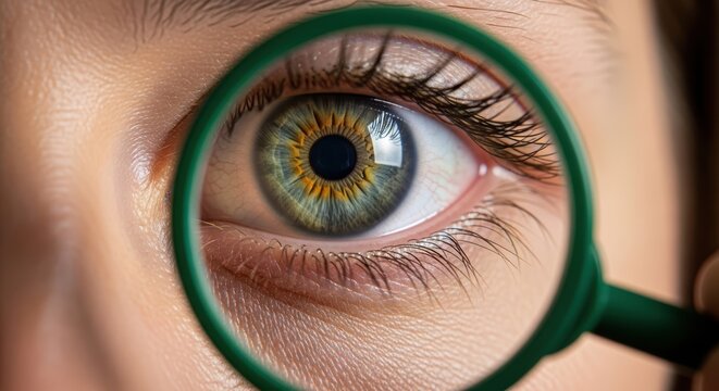 Closeup of a human eye under magnification with green frame