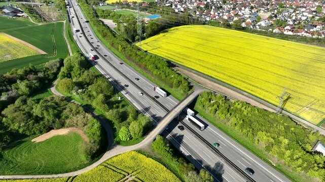 Idstein, Germany - April 23, 2026: Aerial view of dense traffic on German highway A3 between Bad Camberg and Idstein.