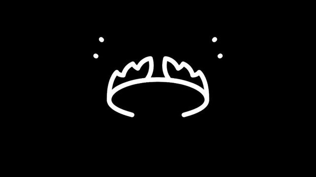 Simple white line art icon of a tiara with decorative elements on a black background