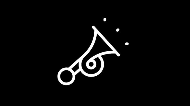 Simple white line art icon of a horn with sound waves on a black background