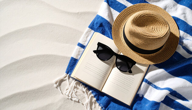 Libro abierto con gafas de sol y sombrero de paja sobre toalla azul en arena tropical, escena veraniega de playa, concepto de descanso, lectura y vacaciones de verano en el mar