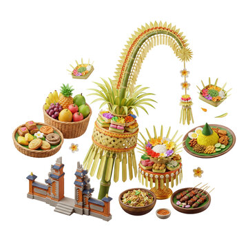 3D Bali Culture Illustration with Penjor Candi Bentar Canang Sari Offerings and Balinese Food Isolated