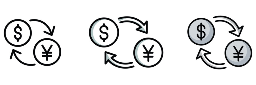 High quality vector of currency exchange icon set showing dollar and yen with arrows, .
