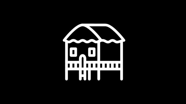 Simple line art icon of a stilt house with a thatched roof on a black background