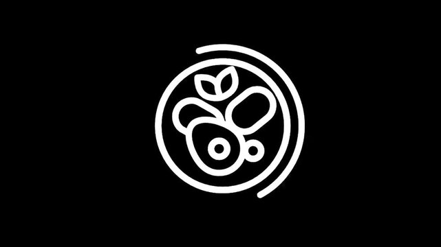 Healthy food bowl icon with avocado, berries, and leaves on black background