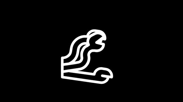 Stylized white outline of a mythical creature with flowing hair and claws on a black background