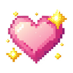 Fototapeta premium Cute shiny pink heart pixel art illustration for game romance mechanics or greeting cards and digital design art project assets creation and decoration