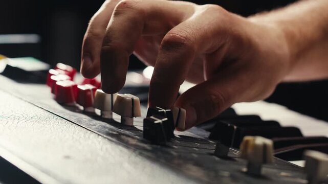 Playing piano vintage retro synthesizer. Close up of man hands playing jazz on the piano. Fingers on the piano, vintage colors. A very close look at a jazz pianist hands. Man playing the piano, close
