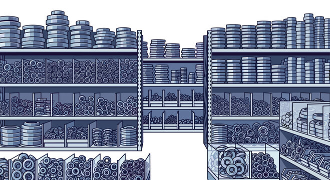 A warehouse shelving unit contains numerous stacks of circular metal rings, washers, and industrial fasteners organized within segmented blue metal storage bins.