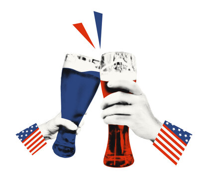 Hands clinking beer glasses halftone funny art collage. Independence day toast and cheers, doodle American flag, celebration of 4th July. America 250 years anniversary modern retro vector illustration