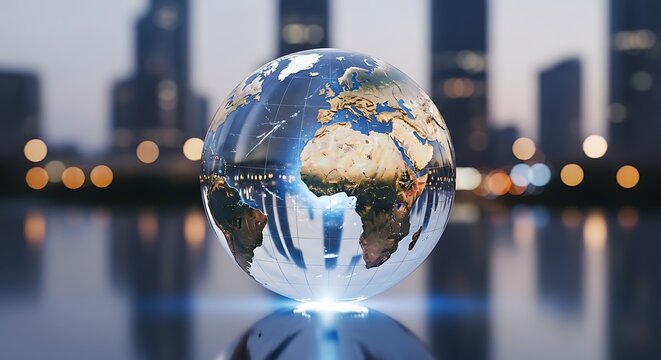Modern globe with city skyline background