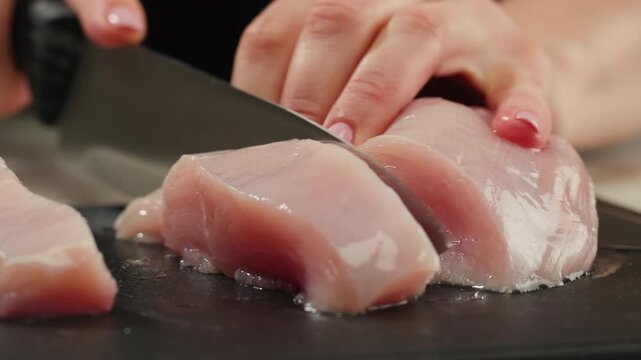 Man slicing raw turkey or chicken meat fillet on oak cutting board closeup, cooking with knife on restaurant kitchen.