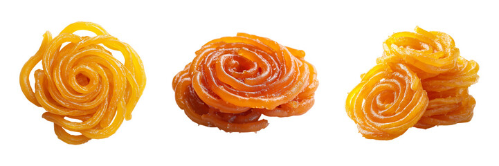 Fototapeta premium Traditional Indian jalebi sweets in different shapes and sizes on transparent background