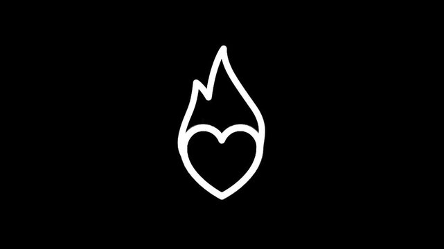 White heart icon with flame outline on a black background, symbolizing passion and love