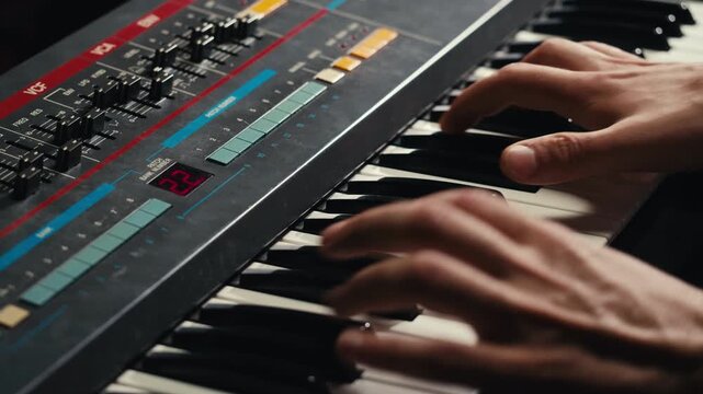 Playing piano vintage retro synthesizer. Close up of man hands playing jazz on the piano. Fingers on the piano, vintage colors. A very close look at a jazz pianist hands. Man playing the piano, close