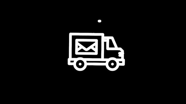 White line art icon of a mail truck delivering envelopes on a black background