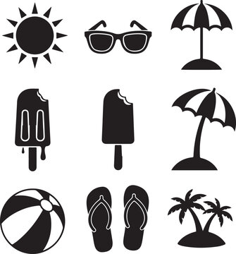 Black and white beach icons on vector illustration