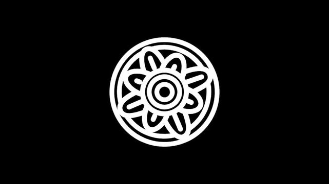 Abstract white geometric symbol with concentric circles and petal-like shapes on black background