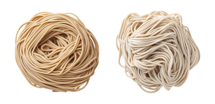 Two piles of raw noodles on white background side by side transparent background