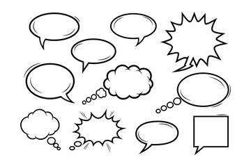 Fototapeta premium Collection of comic speech bubbles, talk and thought clouds in doodle style on white background.