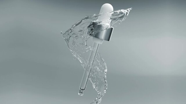 3D animation of a cosmetic glass dropper wrapped in a refreshing, dynamic water splash against a clean gradient background. This high-quality animation is perfect for highlighting the hydrating power 