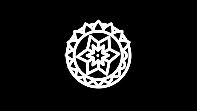 Stylized white starburst mandala icon on a black background, abstract geometric design