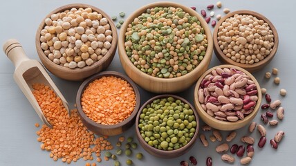Naklejka premium Variety of legumes and beans in wooden bowls on gray background