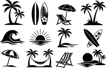 Obraz premium Beach Icon Set Minimal Vector Silhouette Palm Trees Surfboards Summer