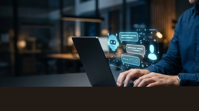 AI chat assistant. AI-powered customer support. Business process automation with conversational AI. Businessman Using Laptop with Futuristic AI Chatbot Interface and Copy Space