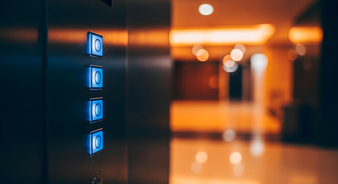 Elevator control panel in a modern building with warm lighting