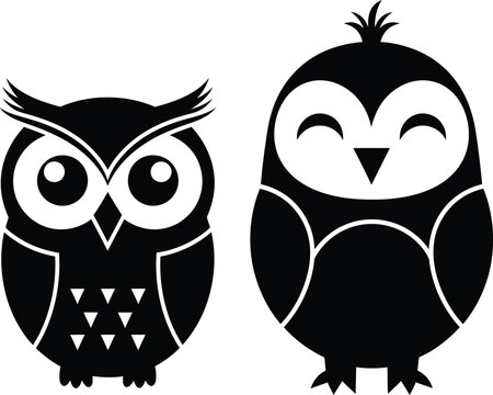 Black and white stylish owl icons with happy expressions Vector